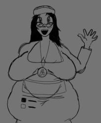 anonymous_artist beanie black_hair blush chubby chubby_female clothed dress eyelashes female female_only glasses large_breasts looking_at_viewer monochrome necklace open_mouth plain_background pudgy_belly sagging_breasts smiling solo soyjak.party soytan waving wide_hips