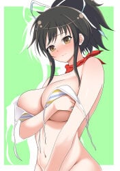 1girl abiron absurdres asuka_(senran_kagura) bikini black_hair blush border breasts brown_eyes cleavage covering_breasts covering_privates embarrassed green_background hair_ribbon highres large_breasts medium_hair navel ponytail red_scarf ribbon scarf senran_kagura sidelocks solo swimsuit untied_bikini_top white_border white_ribbon