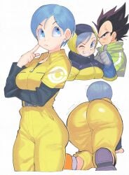 1boy 1girl ass ass_focus blush breasts bulma closed_mouth dragon_ball dragon_ball_super dragon_ball_super_broly dragon_ball_super_super_hero from_behind gloves highres huge_ass inkerton-kun jumpsuit long_sleeves looking_at_viewer lower_body muscular muscular_male open_mouth short_hair smile spiked_hair thick_thighs thighs vegeta yellow_jumpsuit