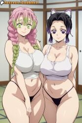 1girls 2girls ai_generated ass ass_focus black_hair breasts cameltoe curvy curvy_figure demon_slayer female female_only grin huge_ass huge_breasts kanroji_mitsuri kimetsu_no_yaiba large_breasts long_hair nipples nude pink_hair pussy room smile sweat thick_thighs thong topwear tsuyuri_kanao zadbhell