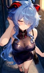 ai-created ai_generated alley alleyway bag_over_shoulder bare_shoulders blue_hair blush blush_lines blushing blushing_at_viewer date dress fishnet_legwear fishnets ganyu_(genshin_impact) genshin_impact goat_horns hair_over_one_eye hand_bag high_heels impacter moving_hair night night_dress night_sky pixai pov pov_from_above purple_eyes