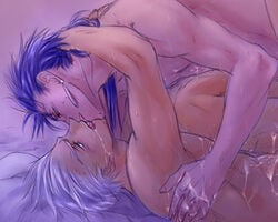 archer_(fate) blue_hair cu_chulainn_(fate) fate/stay_night fate_(series) kissing muscle saliva white_hair yaoi