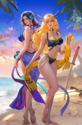 2girls asian_female beach bikini bikini_top black_hair blonde_hair breasts butterfly_hair_ornament fan_yang full_body hips light-skinned_female long_hair looking_at_viewer magik_(illyana_rasputin) magik_(marvel_rivals) marvel marvel_comics marvel_rivals mutant_(marvel) psylocke psylocke_(sai) psylocke_(sai)_(vengeance) russian_female sand swimsuit sword water weapon wide_hips