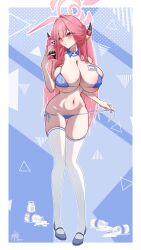 1girl absurdres aru_(blue_archive) bare_arms bare_shoulders bikini blue_archive blue_bikini blue_nails blue_shoes blush breasts cellphone commentary_request demon_girl demon_horns detached_collar fingernails gigantic_breasts halo highres holding holding_phone horns id_card light_areolae long_fingernails navel parted_lips phone pink_hair pink_halo shoes smartphone solo stomach striped_bikini striped_clothes swimsuit thighhighs white_thighhighs yellow_eyes z_shitei_ero