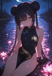 ai_generated black_hair blue_archive blue_eyes buns china_dress gloves glowing_flower hair_bun hips kisaki_(blue_archive) liltigerx long_bangs moonlight night_sky pond sakura_petals sitting small_breasts smiling smiling_at_viewer thick_thighs
