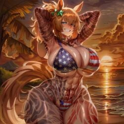 1girl 2026 2d abs absurd_res absurd_resolution absurdres ai_generated american_flag_bikini animal_ears arm_tattoo armpits arms_behind_head arms_up beach bikini blonde_hair blue_eyes blush breasts choker cleavage cloud cowboy_shot curvy flag_print grin hair_ornament hi_res high_quality high_resolution highleg_bikini highres horse_ears horse_girl horse_tail huge_breasts image long_hair looking_at_viewer muscular muscular_female navel ocean outdoors palm_tree patreon patreon_username ponytail sky smile solo star_(symbol) star_hair_ornament sunset swimsuit taiki_shuttle_(umamusume) tail tan tattoo teeth thick_thighs thighs tree umamusume umamusume_pretty_derby uncensured water watermark wide_hips zeyayelan
