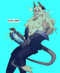 1boy abs alchemy_stars artist_name bara black_pants blue_background blue_shirt blush claws commentary cum daru808080 ejaculation english_commentary english_text erection fangs furry furry_male goat_horns goat_tail highres horns istvan_(alchemy_stars) looking_at_viewer male_focus multiple_scars muscular muscular_male nipples open_mouth pants pectorals penis scar scar_on_arm scar_on_chest scar_on_stomach shirt speech_bubble sweat tail twitter_username