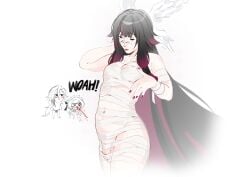 1girl absurdly_long_hair absurdres arlecchino_(genshin_impact) bandages black_hair breasts cleavage closed_eyes columbina_(genshin_impact) commentary cowboy_shot domino_mask english_commentary eye_mask flaccid futanari genshin_impact highres long_hair mask multicolored_hair naked_bandage parted_lips penis pink_streaks sandrone_(genshin_impact) simple_background small_breasts solo streaked_hair thighs very_long_hair white_background wktfrv47n