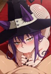 1boy 1girl ai_generated animal_ears ass black_headwear black_nails blair_(soul_eater) blush breasts fellatio fishnets hair_between_eyes hat hetero long_hair looking_at_viewer oral pantyhose penis pov purple_hair solo_focus soul_eater tail uncensored vortalis witch_hat