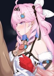 1boy 1girl ahoge black_bow blue_hair blush bow breasts breasts_squeezed_together censored chain clothed_sex colored_inner_hair commentary denia_(wuthering_waves) detached_sleeves english_commentary erection from_side gloves hair_bow hair_intakes hair_ornament hetero highres long_hair lunarscent md5_mismatch medium_breasts mosaic_censoring multicolored_hair open_mouth paid_reward_available paizuri penis pink_hair purple_eyes red_gloves wuthering_waves