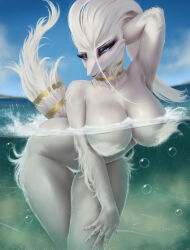 1girls 2026 anthro bent_over big_breasts black_sclera blue_eyes blush detailed_background eyelashes female female_only furry_tail furythelisso generation_5_pokemon half_submerged hand_behind_head hi_res in_water legendary_pokemon long_hair looking_at_viewer nintendo nude pokemon pokemon_(species) reshiram sea solo tail thick_thighs tuft water white_body white_hair