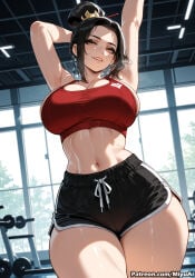 1girl ai_assisted ai_generated armpits arms_up avatar:_the_last_airbender azula black_hair black_shorts breasts cleavage curvaceous curvy curvy_female curvy_figure dolphin_shorts earrings female grin jewelry large_breasts looking_at_viewer midriff miyuai mole navel parted_bangs short_shorts shorts smile solo thick thick_ass thick_butt thick_hips thick_legs thick_thighs thighs voluptuous voluptuous_female wide_hips wide_thighs window yellow_eyes
