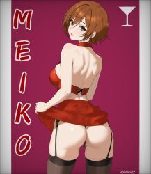 1girls ass brown_eyes brown_hair clothes_lift cowboy_shot from_behind garter_straps halterneck lifting_own_clothes light_blush lipstick looking_back meiko_(vocaloid) pantyhose skindentation skirt_lift solo solo_female sonizx01 thighs vocaloid