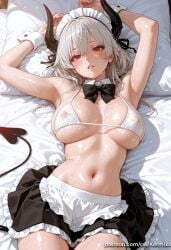 1girl ai_generated apron armpits arms_up bangs bed_sheet bikini black_bow black_bowtie black_skirt blush bow bowtie breasts covered_nipples demon_girl demon_horns demon_tail detached_collar frilled_skirt frills grey_hair horns kermixx large_breasts long_hair looking_at_viewer lying maid maid_headdress mole mole_under_eye navel nipples on_back on_bed parted_lips pillow red_eyes see-through shiny shiny_skin skirt solo stomach sweat swimsuit tail wet white_bikini wrist_cuffs wuthering_waves zani_(wuthering_waves)