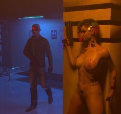 3d clothed_male_nude_female completely_nude completely_nude_female cyberpunk_2077 daz_studio female gun judy_alvarez male navel nipples nude nude_female o97t5s tattoo