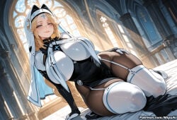 1girl ai_assisted ai_generated bangs bed blonde_hair blue_eyes blush bodysuit breasts curtains curvaceous curvy curvy_female curvy_figure dress female garter_straps gloves goddess_of_victory:_nikke huge_breasts indoors long_hair looking_at_viewer miyuai mole nikke nun rapunzel_(nikke) sitting smile solo thick thick_ass thick_butt thick_hips thick_legs thick_thighs thighhighs thighs voluptuous voluptuous_female white_legwear wide_hips wide_thighs window
