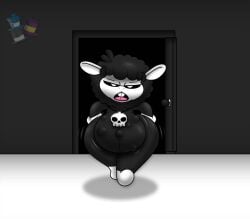 anthro anthro_female baba_chops baba_chops_(poppy_playtime) black_sheep fetal_movement kicking_(pregnancy) looking_to_the_side lying_on_stomach mob_entertainment nightmare_critters poppy_playtime poppy_playtime_(chapter_4) pregnant pregnant_anthro pregnant_belly pregnant_female sheep sheep_girl