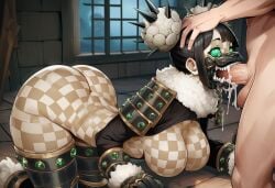 1boy 1girls ai_generated all_fours armor armored_female balls beige_skin black_hair blowjob boots breasts checkered checkered_skin chinese_clothes cum cum_in_mouth cumdrip ejaculation emerald_(gem) face_fucking facefuck fangs fellatio female fur gauntlets gem_eyes gem_on_belly gloves golem green_eyes hair_buns hand_on_head horror horror_(theme) jade_(gem) large_breasts leg_armor lion_mane male mane mask monster_girl oral original original_character paigen penis shoulder_armor sleeves statue teeth terracotta terracotta_statue voluptuous voluptuous_female white_fur white_hair