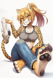 1girls ai_generated anthro barefoot blonde_hair cheetah clothed_female dirty_socks evil_grin feline foot_fetish foot_focus furry furry_female jeans pawpads ponytail sitting socks solo sports_bra suggestive suggestive_look