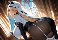 1girl ai_assisted ai_generated ass bangs bent_over black_legwear blonde_hair blue_eyes blush breasts covered_nipples curvaceous curvy curvy_female curvy_figure elbow_gloves female gloves goddess_of_victory:_nikke huge_breasts indoors jewelry long_hair looking_at_viewer miyuai nikke nun pantyhose rapunzel_(nikke) skirt smile solo thick thick_ass thick_butt thick_hips thick_legs thick_thighs thighhighs thighs voluptuous voluptuous_female wide_hips wide_thighs window