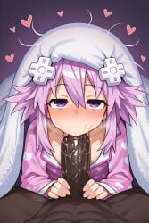 1boy 1girl ai_generated bed_sheet blanket blush choujigen_game_neptune d-pad d-pad_hair_ornament dark-skinned_male dark_penis dark_skin erection fellatio hair_between_eyes hair_ornament heart hetero hyperdimension_neptunia interracial kuro_ai large_penis licking licking_penis long_sleeves looking_at_viewer medium_hair messy_hair neptune_(neptunia) neptunia_(series) nightcap nose_blush oral pajamas penis pink_pajamas pink_shirt pov pov_crotch purple_background purple_eyes purple_hair saliva shirt short_hair simple_background solo_focus sweat tongue tongue_out uncensored under_covers veins veiny_penis