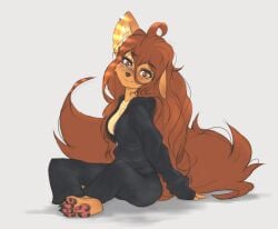 2026 apogee apogee_(tinygaypirate) breasts brown_eyes brown_fur brown_hair cute dog_ears dog_girl ear_piercing furry long_hair pawpads paws sfw tinygaypirate