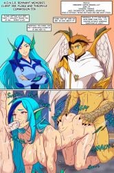 1girls 2boys 2boys1girl 2koma anime_one_night_stands armor bed bedroom blue_eyes blue_hair claws comic dialogue dialogue_box doggy_style dripping_pussy drooling dywtba-alt-universe ear_fins erect_nipples fat_ass fellatio from_behind golden_eyes golden_hair golden_skin gripping_ass juto_arigato large_breasts long_hair mmf_threesome oral_sex original_character original_characters pointy_ears purple_eyes scales spitroast sweat threesome vaginal_sex wings
