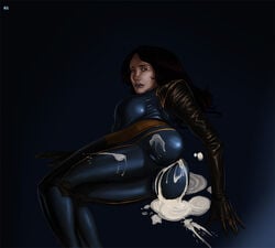 after_anal after_sex aftersex anal black_hair cum cum_in_ass cum_in_pussy cum_pool draining kaihlan looking_back mass_effect miranda_lawson shiny_suit skin_tight tight_clothes torn_clothes