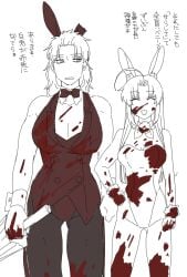 2girls abuto ahoge alternate_costume big_breasts blood blood_on_face blood_splatter blood_stain bowtie breast_size_difference bunny_ears bunnysuit cleavage female female_only genderswap_(mtf) gintama hair_down height_difference japanese_text kamui_(gintama) long_hair medium_hair mullet pantyhose partially_colored playboy_bunny rule_63 s_suzu_ko smile