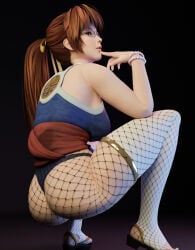 1girls 3d ass auburn_eyes auburn_hair black_panties bow bracelet breasts bubble_butt dead_or_alive fishnet_legwear fishnets glasses high_heels hips insignia kasumi_(doa) kunoichi looking_at_viewer looking_back ninja panties pearl_bracelet ponytail pose posing sideboob simple_background sleeveless solo squat squatting thighhighs thighs vtemp