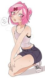 1girl :d absurdres anger_vein averting_eyes bare_shoulders black_shorts black_sports_bra blush bob_cut bra bra_peek breasts casual collarbone commentary cropped_shirt ddlc doki_doki_literature_club english_commentary english_text exspiravitbag fang full_body furrowed_brow hair_intakes hair_ornament hair_ribbon hand_on_ground hand_on_own_leg highres hot kneeling looking_to_the_side midriff natsuki_(doki_doki_literature_club) navel open_mouth pink_eyes pink_hair questionable questionable_consent red_ribbon ribbon serenity_forge shadow shoes short_hair short_shorts shorts simple_background slit_pupils small_breasts smile sneakers solo speech_bubble spoken_anger_vein sports_bra steam steaming_body sweat swept_bangs tank_top team_salvato text two_side_up underwear very_sweaty white_background white_shoes white_tank_top wholesome x_hair_ornament