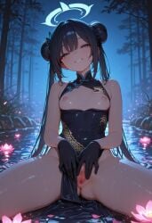 ai_generated black_hair blue_archive blue_eyes boobs_out buns china_dress forest_background gloves hair_bun halo hips inviting_to_sex kisaki_(blue_archive) liltigerx moonlight nature night_sky no_bra no_panties pond pussy_focus sakura_petals sitting small_breasts small_nipples smaller_female smiling smiling_at_viewer smirking_at_viewer spread_legs spread_pussy spreading spreading_pussy thick_thighs