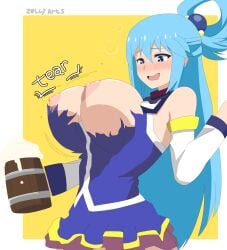 1girls 2d 2d_(artwork) aqua_(konosuba) artist_name beer big_breasts blush boobs breasts digital_media_(artwork) drooling drunk drunk_bubble kono_subarashii_sekai_ni_shukufuku_wo! konosuba ripped_clothes smile solo tearing_clothes unaware yellow_background zelly