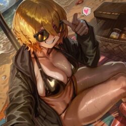 1girl 2026 2d absurd_res absurd_resolution absurdres ai_generated beach beach_umbrella bikini black_bikini black_jacket blonde_hair breasts can cleavage crab don_quixote_(limbus_company) grin heart hi_res high_quality high_resolution highres image jacket large_breasts limbus_company looking_at_viewer navel open_clothes open_jacket outdoors patreon patreon_username sand short_hair sitting smile solo spoken_heart sunglasses swimsuit tinted_eyewear umbrella uncensured watermark wet zeyayelan