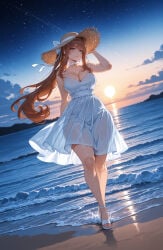 1girl ai_assisted ai_generated alternate_costume bangs beach blue_ribbon blue_sky blush breasts brown_hair cleavage cloud curvaceous curvy curvy_female curvy_figure doki_doki_literature_club dress female full_body green_eyes hand_on_headwear hat horizon large_breasts long_hair looking_at_viewer miyuai monika_(doki_doki_literature_club) ocean open_mouth outdoors ribbon sandals see-through see-through_silhouette sky sleeveless smile solo standing star_(sky) starry_sky straw_hat sun_hat sundress sunset thick thick_ass thick_butt thick_hips thick_legs thick_thighs voluptuous voluptuous_female wading water white_dress wide_hips wide_thighs wind wind_lift