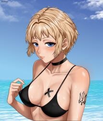 azov_chan beach blonde_female blonde_hair blue_eyes bra choker erect_nipples horny jolibond marichka partially_clothed petite seaside tatoos tryzub ukrainian ukrainian_girl
