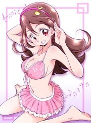 brown_hair kimi_to_idol_precure musical_note pink_bra pink_skirt precure sakura_uta smiling underwear