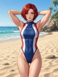 1girls ai_generated beach big_breasts bikini king_of_fighters light-skinned_female light_skin one-piece_swimsuit outdoors red_eyes red_hair short_hair swimsuit vanessa_(kof)