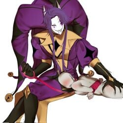 1boy1girl 1girls :) bondage freaky grabbing_ass jester jester_(the_freak_circus) jester_hat jester_outfit leash lol purple_clothing purple_eyes purple_hair the_freak_circus white_background white_skin xd y/n