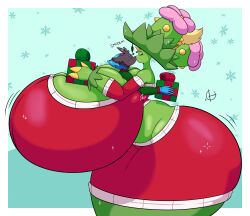 adriana_(rubyqm) anthro ass between_breasts big_ass big_breasts breasts christmas_outfit christmas_present female gigantic_ass gigantic_breasts huge_ass huge_breasts hyper_ass hyper_breasts kissing ludicolo male maractus pokémon_(species) pokemon pokemon_(species) shinyillusionz tagme thick_thighs zeke_the_zorua zorua