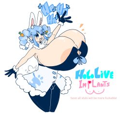 alternate_breast_size areolae big_breasts blue_hair breasts errorplush female female_focus female_only gloves hololive huge_breasts hyper hyper_breasts laugh neckwear pale-skinned_female pale_skin rabbit_ears rabbit_girl rabbit_tail smile text twin_braids usada_pekora virtual_youtuber