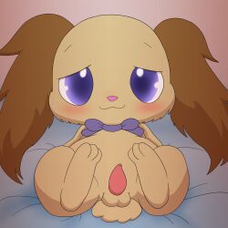 1:1 animal_genitalia anthro balls bed blush bow_tie brown_body brown_fur chibi cotton_tail domestic_rabbit erection floppy_ears fur furniture genitals gradient_eyes hi_res improbable_(artist) io_(jewelpet) jewelpet lagomorph leporid long_ears looking_at_viewer lop_ears lop_rabbit male mammal oryctolagus penis presenting presenting_balls presenting_penis purple_eyes rabbit sanrio semi-anthro simple_background smile solo spread_legs spreading