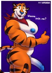 anthro ass big_butt big_pecs blue_nipples blue_nose bubble_butt erection felid frosted_flakes fur genitals gesture hi_res humanoid_genitalia humanoid_penis inviting kellogg's kerchief kerchief_only looking_at_viewer male male_only mammal mascot mostly_nude muscular muscular_anthro muscular_male neckerchief neckerchief_only nipples orange_body orange_fur pantherine pecs penis side_view solo standing striped_body striped_fur stripes thumbs_up tiger tony_the_tiger wardraws yellow_eyes