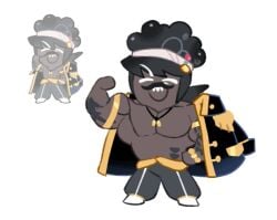 1boy biceps captain_caviar_cookie cartoony chronobauble cookie_run dark-skinned_male dark_skin facial_hair flexing human jacket_on_shoulders male muscles muscular_male mustache only_male pecs smiling solo tattoo toony white_background