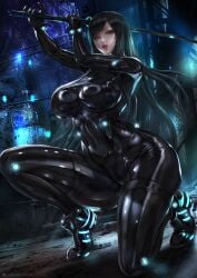 alternate_version_available asian big_breasts black_hair black_legwear black_thighhighs bodysuit brown_eyes crouching curvaceous curvy female female_only full_body gantz gantz_suit gloves hi_res huge_breasts katana latex latex_gloves latex_suit lexaiduer long_hair looking_at_viewer parted_lips revealing_clothes rubber_suit shimohira_reika skin_tight skintight_bodysuit solo sword thick_thighs very_high_resolution weapon wide_hips