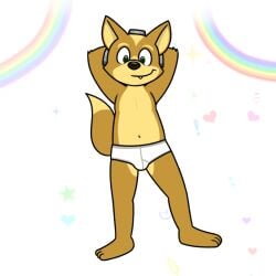 1:1 anthro armor barefoot briefs briefs_only brown_body brown_fur bulge canid canine clothed clothing exclamation_point feet fox fox_mccloud fur genitals green_eyes hands_behind_head headgear heart helmet leaf male mammal navel nintendo nishi_oxnard penis rainbow simple_background smile solo sparkles star_fox tan_body tan_fur teeth_showing tighty_whities topless underwear underwear_only white_background white_briefs white_clothing white_underwear