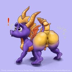 1:1 activision anus balls bodily_fluids dragon exclamation_point feral flaccid foreskin genitals hi_res male penis smudge_proof solo spyro spyro_the_dragon sweat thick_thighs tight_foreskin young