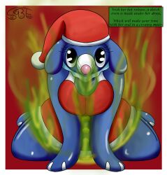 all_fours anthro big_breasts blue_body breasts christmas christmas_clothing christmas_headwear clothing cute_eyes fart fart_cloud fart_fetish female fizzy_pop_the_popplio floppy_ears gassy gassybigears69 generation_7_pokemon hat headgear headwear hi_res holidays looking_at_viewer looking_back looking_up nintendo pokémon_(species) pokemon pokemon_(species) pokemorph popplio santa_hat sexybigears69 smelly smile solo text thick_thighs