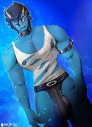 1boy bara big_bulge big_penis blue_skin bulge demon fortnite male male_only muscular muscular_male penis remi_(fortnite) solo solo_male sulk_(fortnite) vikifox_(artist)