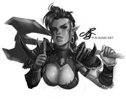 axe big_lips bikini_armor breasts cleavage clothed facial_tattoo female large_breasts mohawk monochrome mrgunnart orc orc_female pointy_ears raid_shadow_legends solo solo_female tattoo tusks weapon zargala